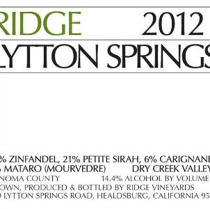 Ridge Lytton Springs Zinfandel Dry Creek Valley California, 2012, 750